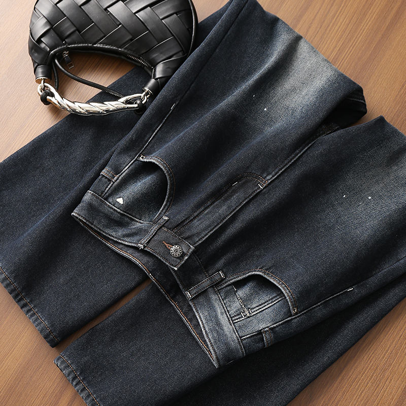 淘么淘 设计感泼墨裤 时髦复古做旧加绒显瘦高腰阔腿拖地牛仔裤女