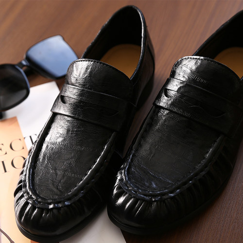 淘么淘 英式优雅时髦 柔软真皮皱褶一脚蹬圆头粗跟乐福鞋皮鞋单鞋