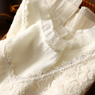 衬衫 淘么淘 气质木耳花边长袖 优雅叠穿 亮片蕾丝背心两件套 法式