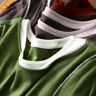 淘么淘 柔软天丝羊毛不规则撞色假两件修身 显瘦打底衫 女星同款