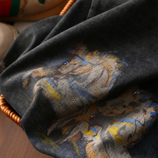 T恤女水洗做旧圆领 烫钻马年彩绘印花宽松短袖 淘么淘 复古街头风