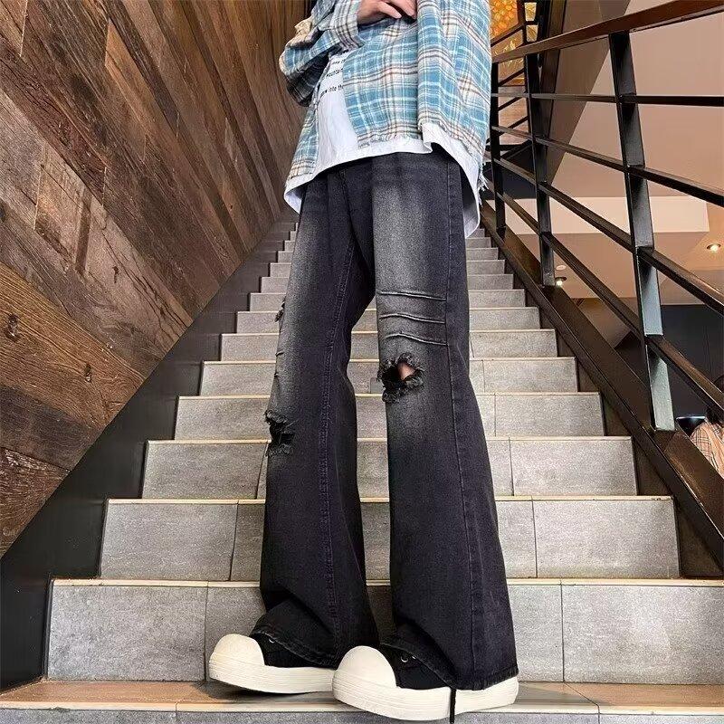 美式复古微喇牛仔裤男款夏季破洞痞帅设计感裤子高街vibe直筒长裤