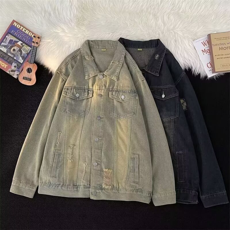 复古破洞黄泥色牛仔外套男春秋