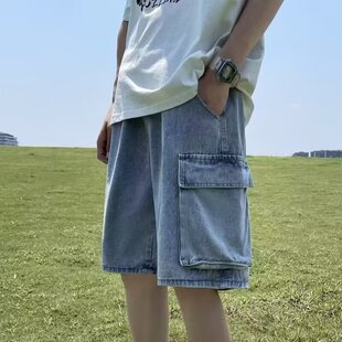 牛仔短裤男夏季潮牌百搭宽松休闲oversize多口袋工装阔腿五分中裤