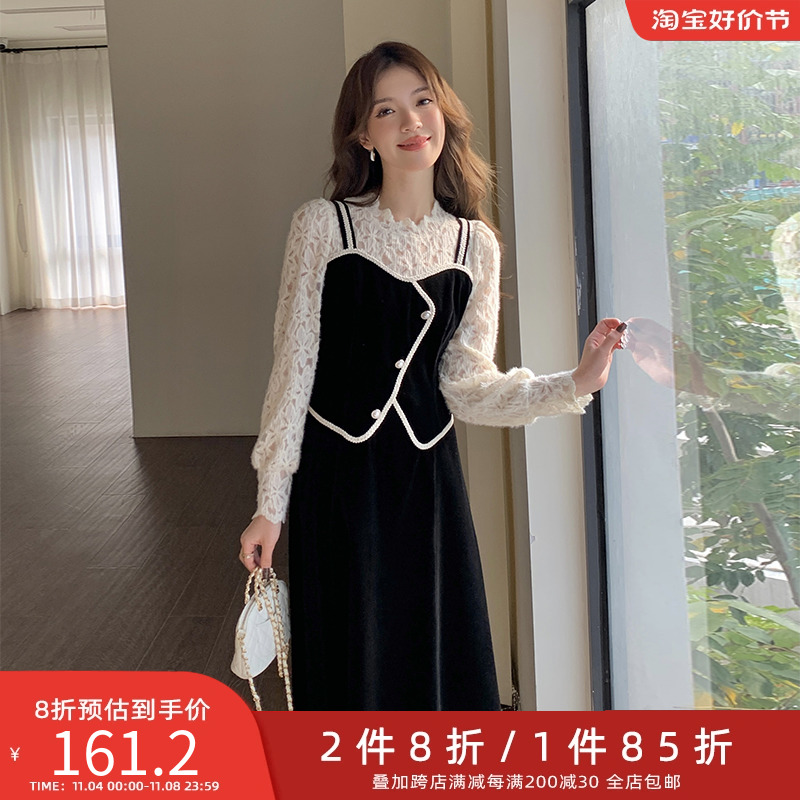 五季家大码女装胖mm冬装2023年新款气质显瘦复古撞色蕾丝连衣裙