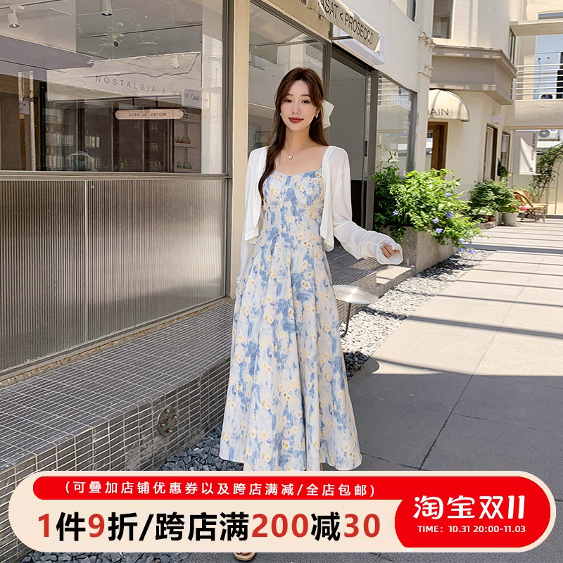 五季家胖mm2023年新款夏装法式温柔油画感套装宽松开衫碎花连衣裙