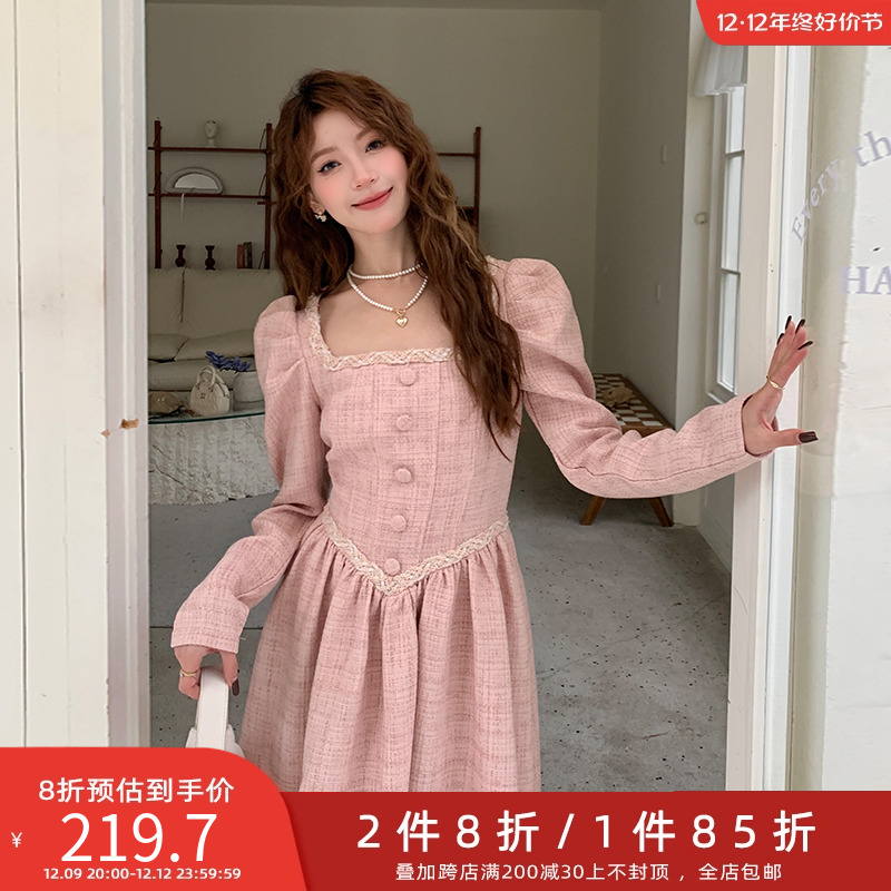 两件八折五季家大码女装连衣裙冬装2023年新款法式方领优雅裙子