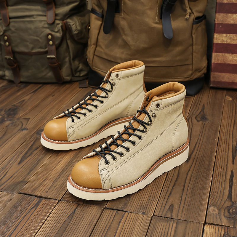 阿美咔叽短脸工装鞋手工制作固特异头层皮短靴古着男厚底马丁靴