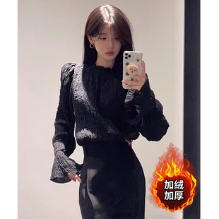 清仓捡漏品牌折扣店加绒黑色衬衫女长袖秋冬款灯笼袖保暖内搭上衣