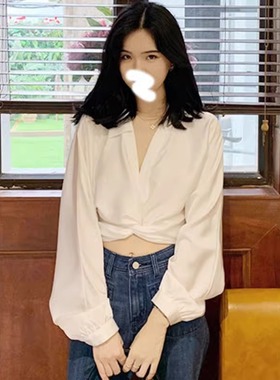 清仓反季秒杀品牌折扣店女装白色衬衫女长袖卡腰小衫内搭短款上衣