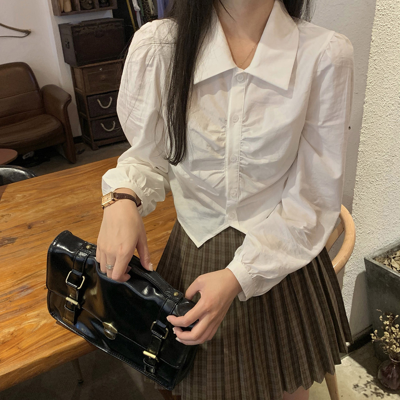 清仓捡漏品牌折扣店正品商场专柜学院风雪纺白衬衫女长袖短款上衣