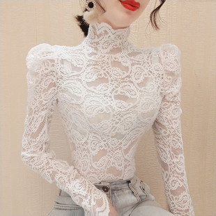 泡泡袖磨毛蕾丝打底衫女长袖早秋冬洋气内搭加绒t恤小衫性感上衣
