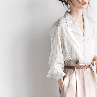 设计感雪纺上衣 女法式 清仓捡漏一线大品牌折扣店专柜女装 条纹衬衫