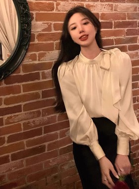 清仓反季品牌折扣店蝴蝶结白色衬衫女长袖春秋免烫缎面上衣OL衬衣