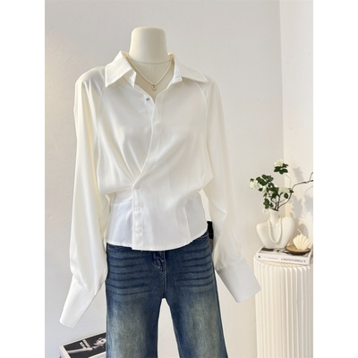 欧货女装白色收腰衬衫女长袖春秋洋气内搭小衫上衣不规则叠穿衬衣