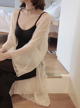 反季捡漏品牌折扣店女装中长款透明开衫外套女超薄披肩防晒衣