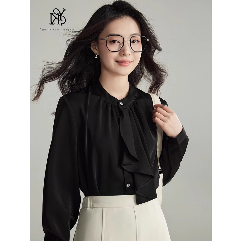 黑色缎面衬衫女长袖春秋季