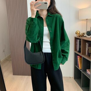 小众Polo领上衣减龄宽松衬衣外套 早春秋女装 绿色灯芯绒衬衫 女长袖