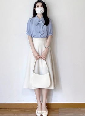 清仓反季捡漏品牌折扣女装蓝色短袖衬衫女复古上衣高级感法式衬衣