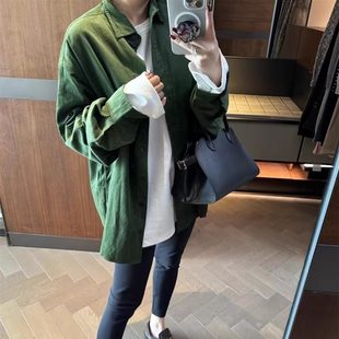 港味复古上衣小个子衬衣外套 早秋冬欧货女装 灯芯绒绿色衬衫 女长袖