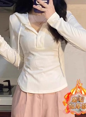 清仓反季品牌折扣店纯棉白色连帽t恤女长袖秋冬显瘦磨毛加厚上衣