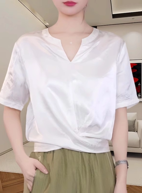 清仓反季外贸品牌折扣女装白色收腰衬衫女短袖夏小衫V领缎面衬衣