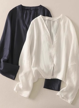 清仓反季秒杀品牌折扣店白色亚麻防晒衬衫女长袖夏天上衣轻薄外套