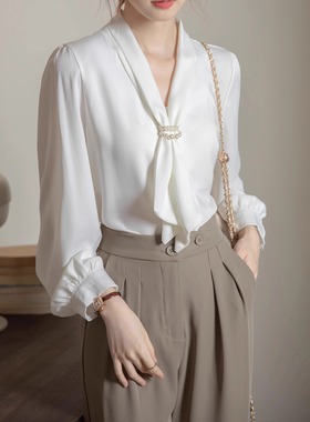 清仓反季品牌折扣店白色衬衫女长袖春秋醋酸缎面飘带上衣内搭衬衣