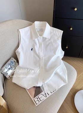 清仓反季品牌折扣店白色小马刺绣polo领衬衫女无袖夏季打底衫上衣