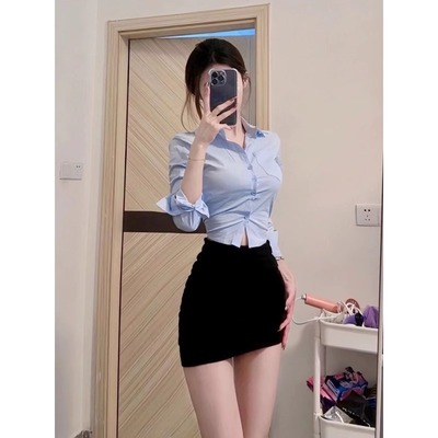 收腰蓝色衬衫女长袖性感短款上衣