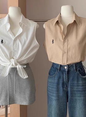 清仓反季品牌折扣店高级感白色无袖衬衫女夏季复古polo领叠穿衬衣