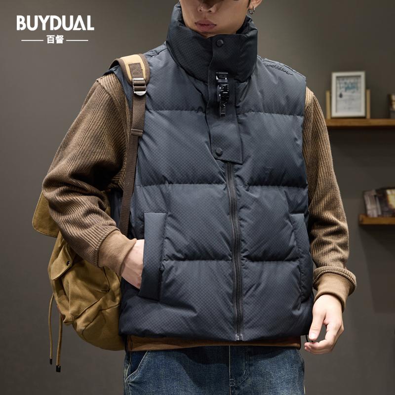 轻奢肌理感鸭绒羽绒马甲男冬季新款宽松潮牌加厚保暖防风立领外套