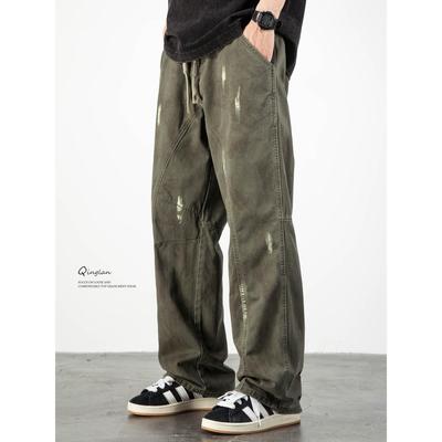 轻澜军绿色牛仔裤男直筒宽松美式休闲工装潮牌松紧腰裤子2025新款