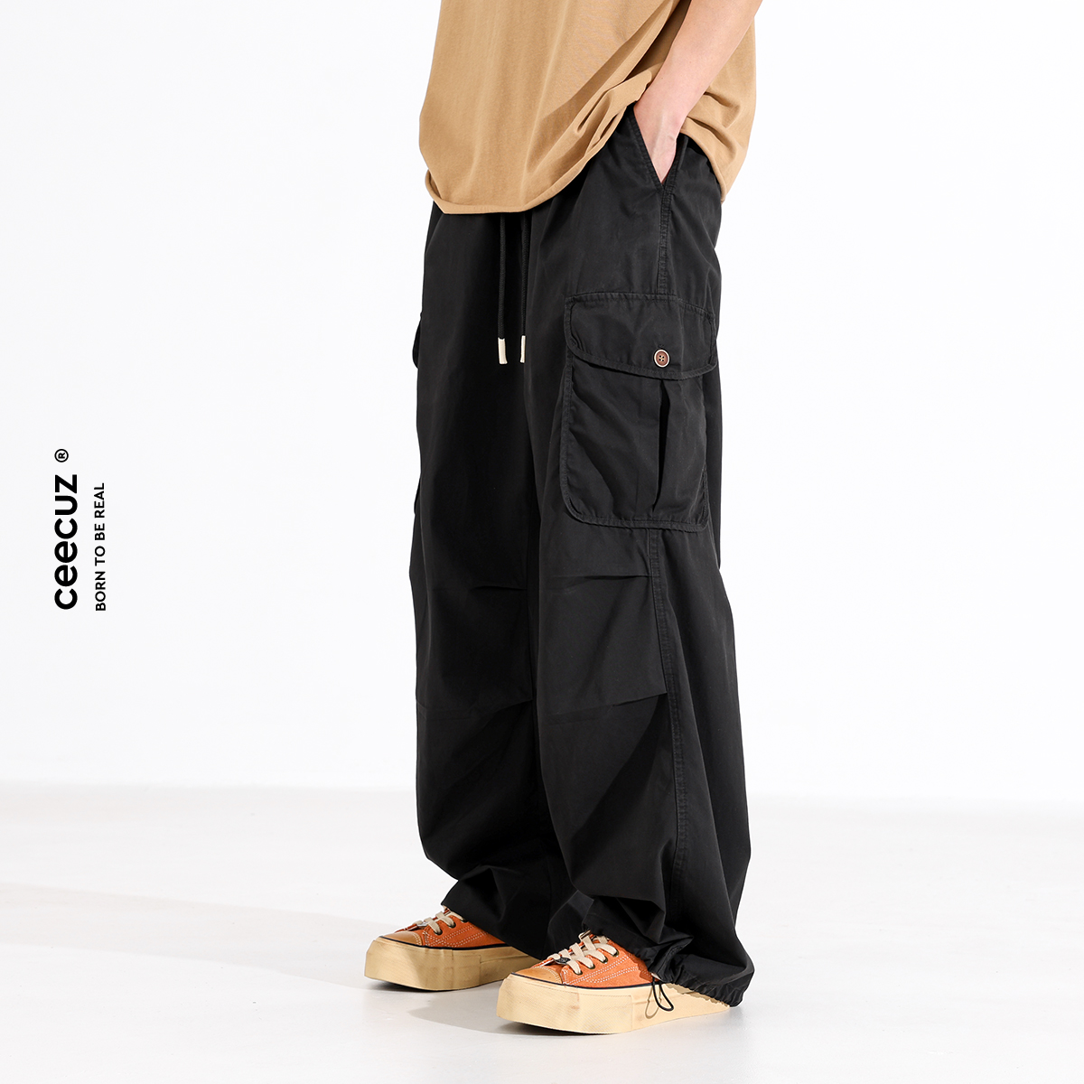 Ceecuz夏季薄款 复古vintage弯刀阔腿工装裤男美式街头宽松伞兵裤