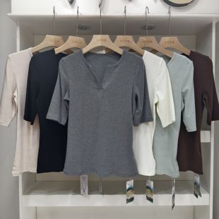 24秋款 优雅女士T恤上衣衬衫 V领气质针织款 修身 时尚 天丝羊绒五分袖