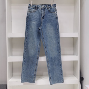 女士牛仔裤 出口韩国原单直筒微弹毛边百搭休闲长款 春秋款 MC24新款