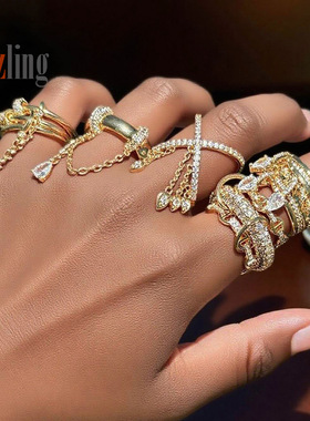 欧美新款流苏水滴锆石戒指时尚个性女士指环潮流饰品批发现货