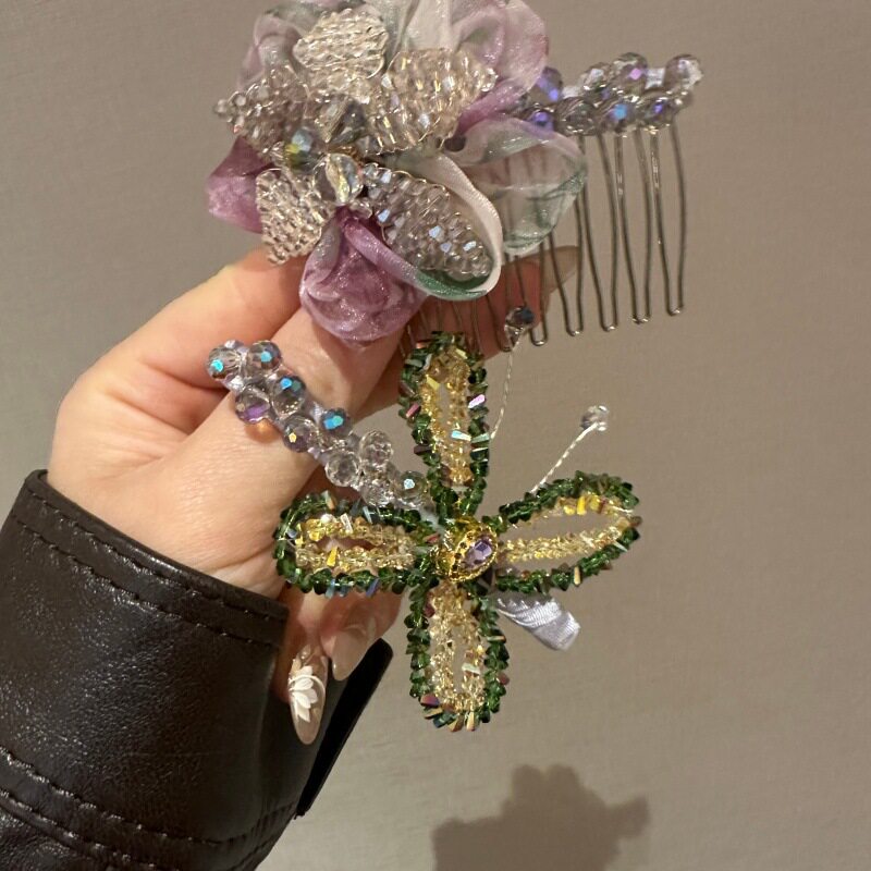 韩国高级版水晶花朵发梳小众设计蝴蝶结侧边碎发鸭嘴夹甜美倒插梳