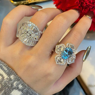 轻奢高级感蓝宝石花朵戒指女个性夸张宴会舞台演出宽版中古食指环