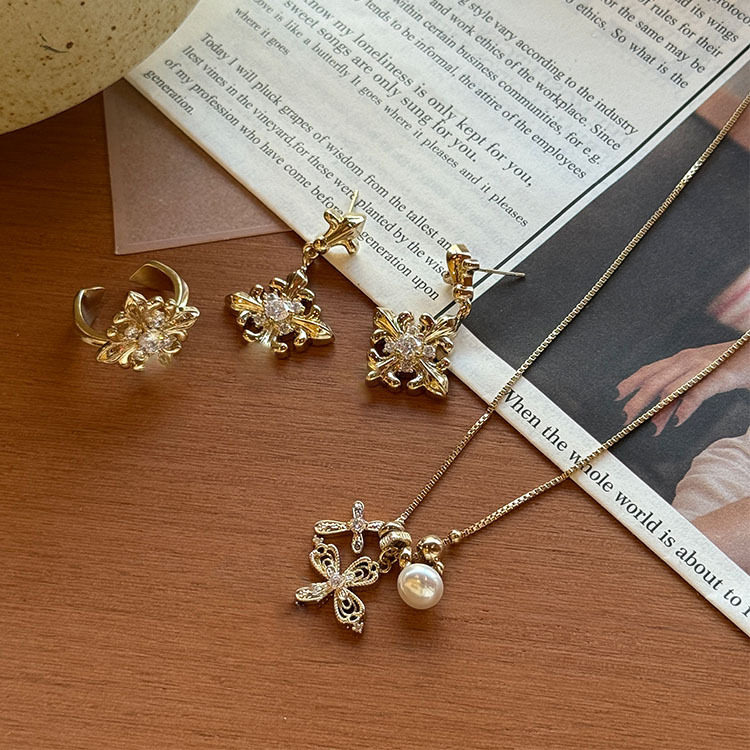 vintage中古银针锆石鸢尾花朵耳项链设计稿毛衣链轻奢戒指复古女