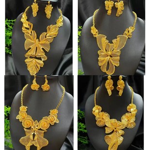 越南沙金花朵项链女仿真假黄金时尚蕾丝蝴蝶结锁骨链套装结婚饰品