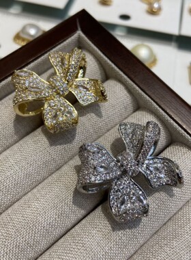 金色蝴蝶结水钻满钻开口可调女戒