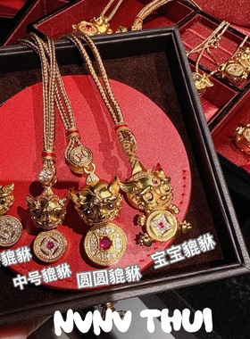 古法金色眨眼貔貅点钻铜钱项链 新中式 宝宝貔貅钱币项链 毛衣链