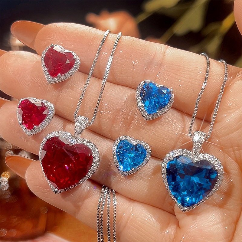 韩式气质时尚精致爱心满钻蓝红宝石项链女小众轻奢高级感超闪耳环