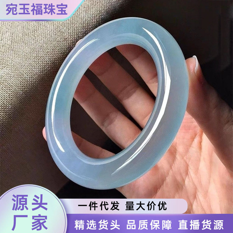 精品货头高冰蓝水胖圆条手镯女款石英岩玉冰种天青冻海蓝宝玉镯子