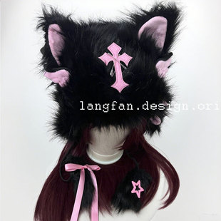 可爱毛绒绒猫耳朵帽子Y2K头饰亚文化头套保暖发饰拍照雪景配饰品
