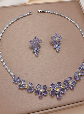 跨境套装欧美风新款时尚潮流锆石紫色花瓣项链耳环花朵气质锁骨链