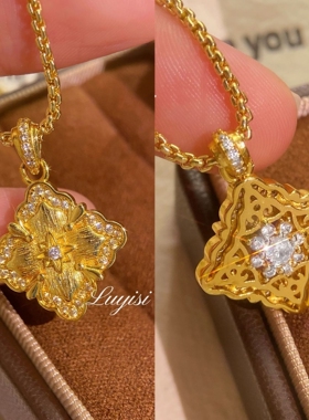 法式复古意大利中古拉丝双面镶钻四叶草项链宫廷布契风百搭锁骨链