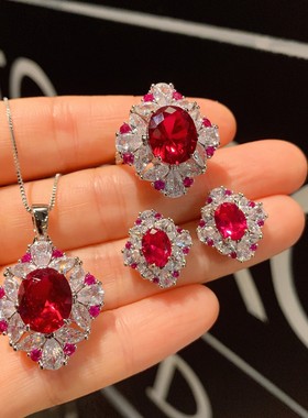 奢华中古董重工红色宝石锆石项链耳环套装新娘婚纱晚宴礼服配饰品