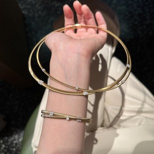 双圈项链手链项圈手镯镀18k金镶钻拉丝工艺简约中古vintage气质